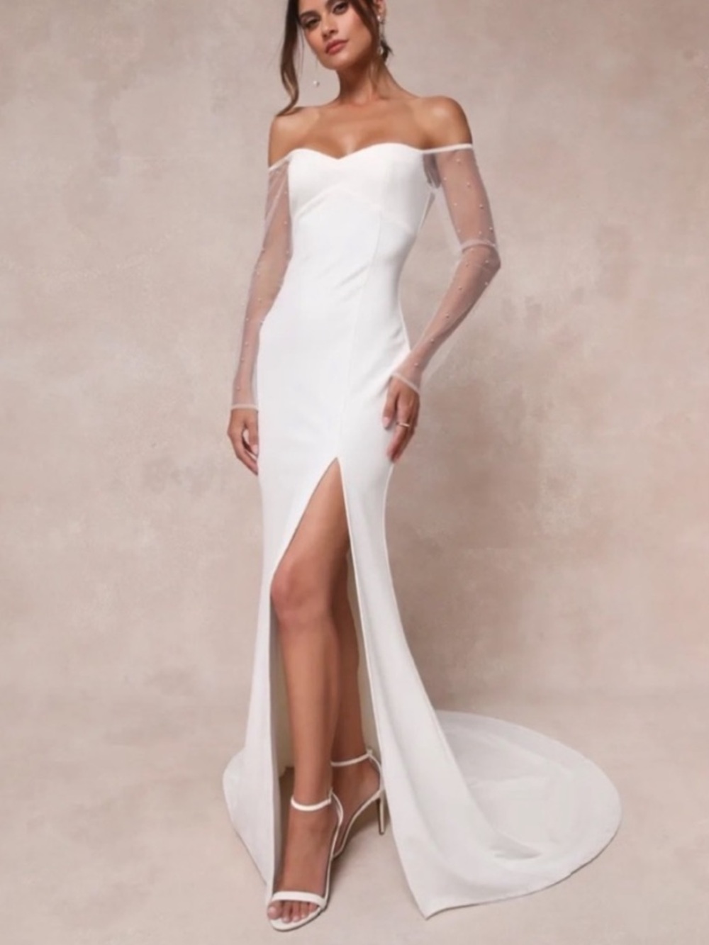 Lulu's Eternally Beloved White Mesh Off-the-Shoulder Pearl Maxi Dress
